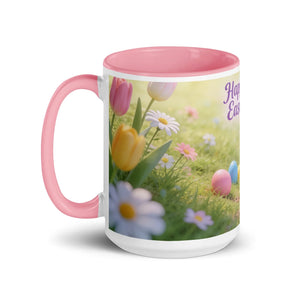 White ceramic mug with pink handle and interior, featuring spring flowers and Easter eggs design.