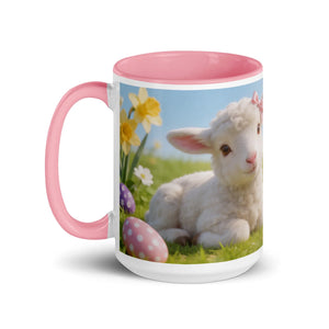 White ceramic mug with pink handle and interior, featuring a cute lamb, Easter eggs, and spring flowers