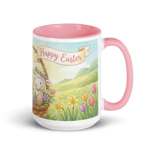 White ceramic mug with pink handle and interior, Easter lamb, flowers, and Happy Easter text