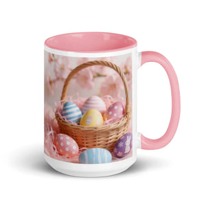 White ceramic mug with pink handle and interior, Easter basket and colorful eggs design