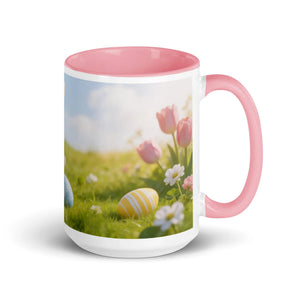 White ceramic mug with pink handle, floral spring design and colorful Easter eggs