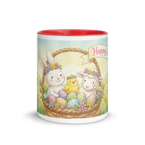White ceramic mug with red interior, Easter basket design featuring a bunny, chick, lamb, and colorful eggs