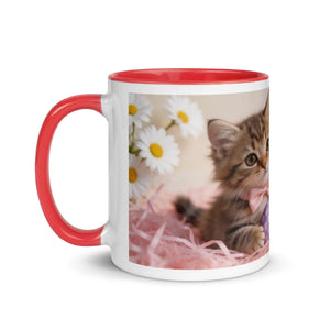 White ceramic mug with red handle and interior, featuring kitten and daisies design