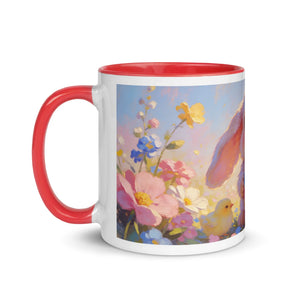 White ceramic mug with red handle and rim, featuring a floral and bunny design with pastel flowers