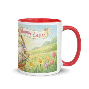 White ceramic mug with red handle and interior, features pastel Easter lamb design and floral field