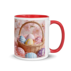 White ceramic mug with red handle and interior, featuring an Easter egg basket design.