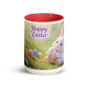 White ceramic mug with red interior featuring a cute Easter bunny and colorful eggs.