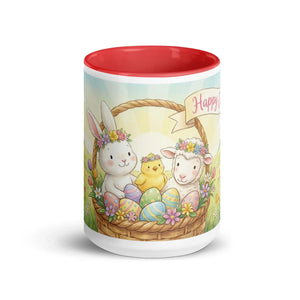 White ceramic mug with red interior featuring a cute Easter design of a bunny, chick, and lamb in a basket surrounded by colorful eggs and flowers.