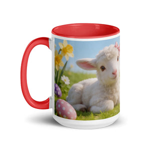 White ceramic mug with red handle, featuring a cute lamb, spring flowers, and Easter eggs.
