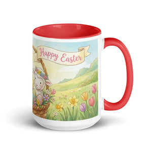 White ceramic mug with red handle and interior, featuring a cute lamb in a basket, flowers, and 'Happy Easter' text.