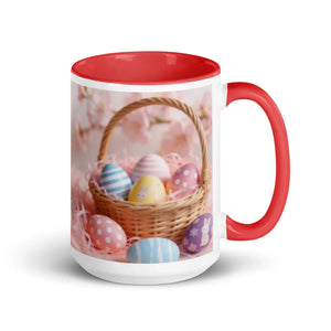 White ceramic mug with red handle, featuring a basket of colorful Easter eggs design.