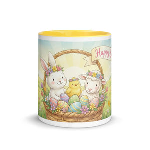 White ceramic mug with yellow interior, featuring a cute Easter basket design with a bunny, chick, lamb, and colorful eggs.