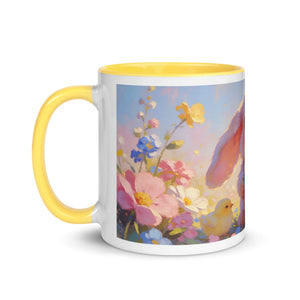White ceramic mug with yellow handle, featuring a spring floral and bunny design