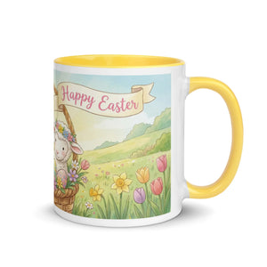 White ceramic mug with yellow handle and interior, featuring a 'Happy Easter' lamb and spring flowers illustration.
