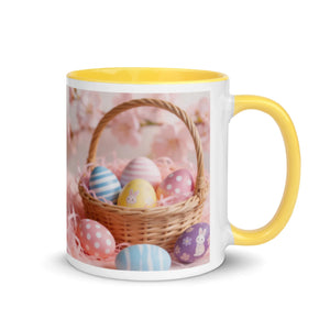 White ceramic mug with yellow interior, featuring Easter eggs in a wicker basket design