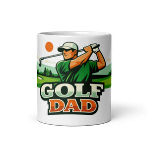 White ceramic mug with 'Golf Dad' text and golfer graphic on the front, 11 oz size