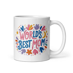 White ceramic mug with colorful 'World's Best Mom' design and floral graphics