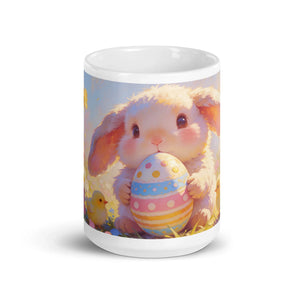 White glossy mug featuring a cute bunny holding a colorful Easter egg and a chick design