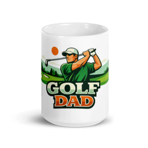 White glossy mug with "Golf Dad" text and golfer graphic, 15 oz, front view