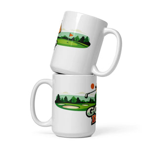 Two white glossy mugs with golf course and golfer graphic, stacked for display