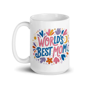 White ceramic mug with colorful 'World's Best Mom' text and floral design, handle on left