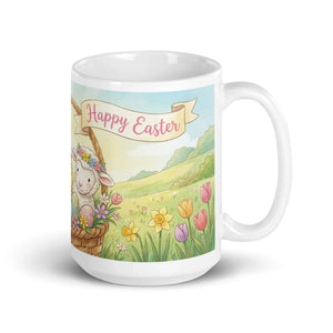 White glossy mug with handle on right, blank design, 15 oz size, on white background