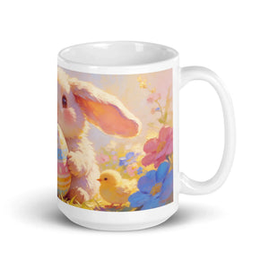 White ceramic mug with pastel bunny, chick, Easter egg, and colorful flower design
