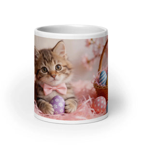 White glossy ceramic mug, front view, on white background