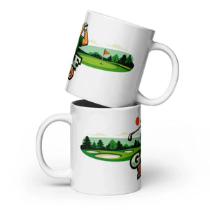 Stacked white glossy mugs with colorful golf course and golfer illustration