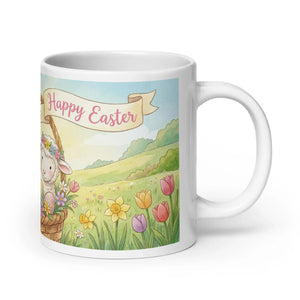 White ceramic mug with 'Happy Easter' sheep and flower meadow illustration, handle on right