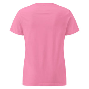 Back view of women's basic pink short-sleeve softstyle T-shirt on white background