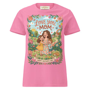 Pink women's t-shirt with 'Love You Mom' and 'Happy Mother's Day' floral design featuring a mom hugging two kids.