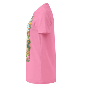 Pink women's short sleeve t-shirt with side floral graphic, soft cotton fabric