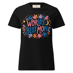 Black women's t-shirt with colorful 'World's Best Mom' graphic and floral accents