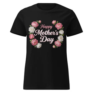 Black women's t-shirt with Happy Mother's Day floral pink and white flower graphic