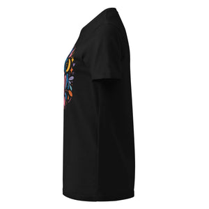 Black women's t-shirt with colorful floral graphic, side view on white background