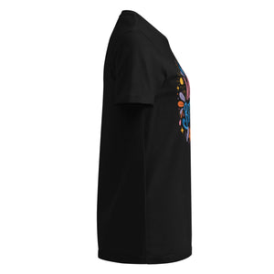 Women's black softstyle t-shirt, right side view, colorful graphic on front