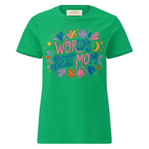 Women's Irish green t-shirt with colorful 'World's Best Mom' and floral graphic on front