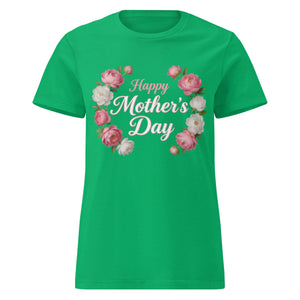 Women's Irish green t-shirt with 'Happy Mother's Day' and pink floral design on front