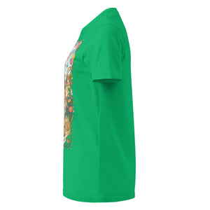 Women's Irish green t-shirt with colorful floral graphic, side view, short sleeves