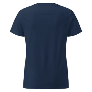 Women's navy short sleeve basic softstyle t-shirt, back view on white background