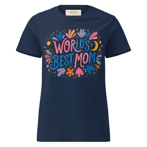 Navy women's t-shirt with colorful 'World's Best Mom' floral graphic print on front