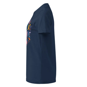Women’s navy softstyle t-shirt with colorful graphic design, left side view