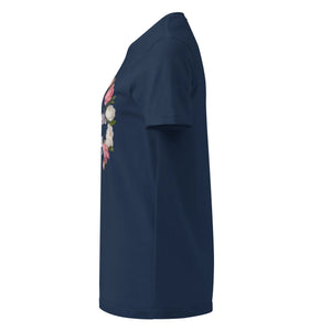 Navy women's basic softstyle t-shirt with floral graphic, side view