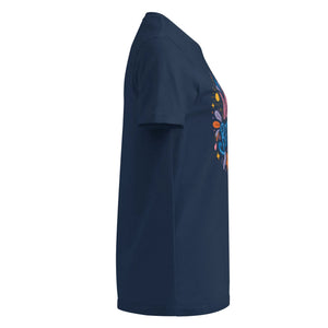 Women's navy t-shirt, softstyle fabric, right side view, partial colorful design visible