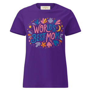 Purple women's t-shirt with colorful 'World's Best Mom' floral graphic on front