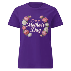 Purple women's t-shirt with 'Happy Mother's Day' and floral wreath graphic on the front.
