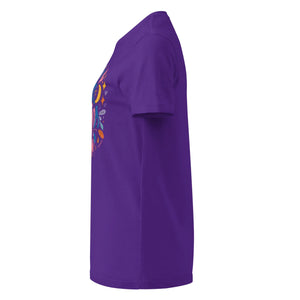 Purple women's softstyle t-shirt with colorful front graphic, left side view