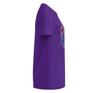 Women's purple softstyle t-shirt with colorful graphic, right side view