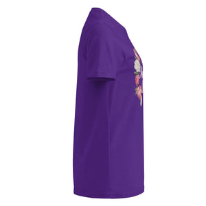 Women's purple short sleeve t-shirt with floral graphic, side view
